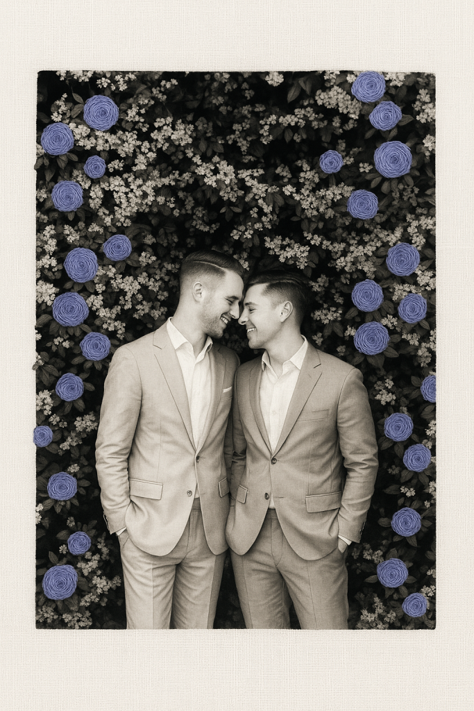 Fotografía bordada NnenaNenola-detalles florales Fotografía bordada artesanal con flores en tonos lavanda sobre retrato en blanco y negro-NenaNenola Atelier