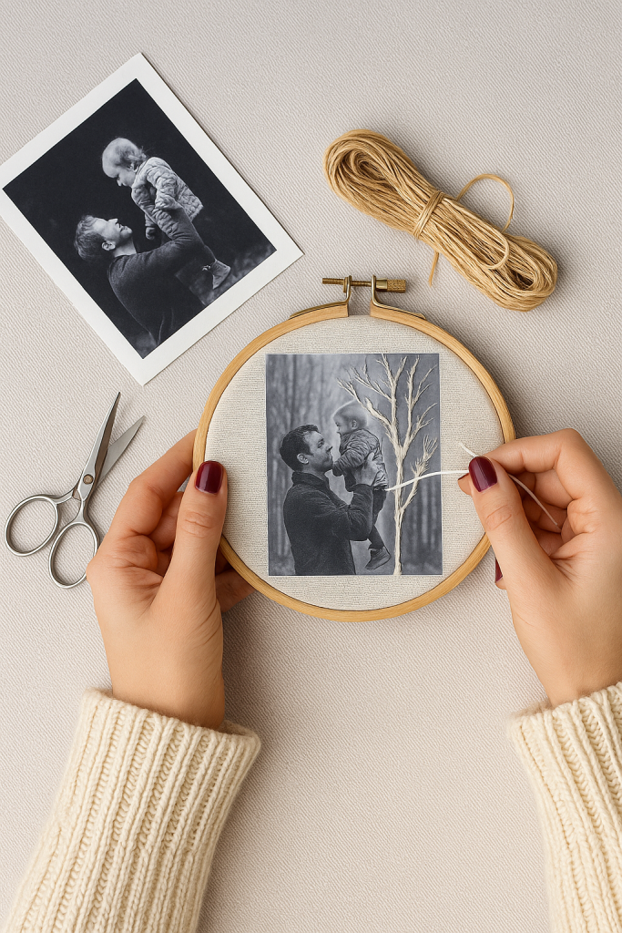 NenaNenola Atelier-Fotografía bordada artesanal Manos bordando una fotografía en bastidor, arte textil artesanal de NenaNenola Atelier.